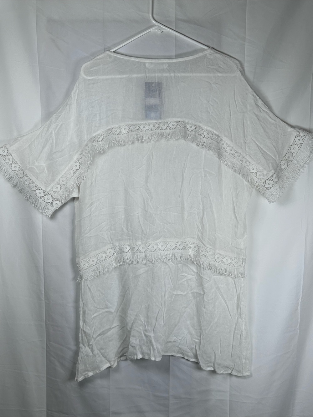 Navy Off White Fringe Top Women’s Large Textured Boho Blouse - Picture 3 of 7